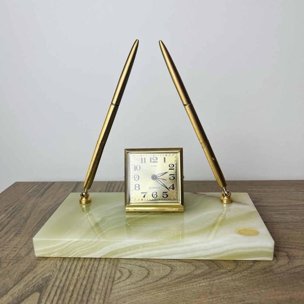 VINTAGE  Office SCOTTCO PEN SET Onyx Desk Alarm EQUITY Clock